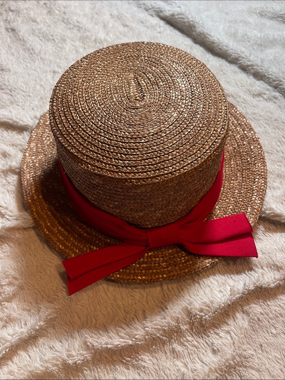 Straw Boater Hat with Red Ribbon size 7